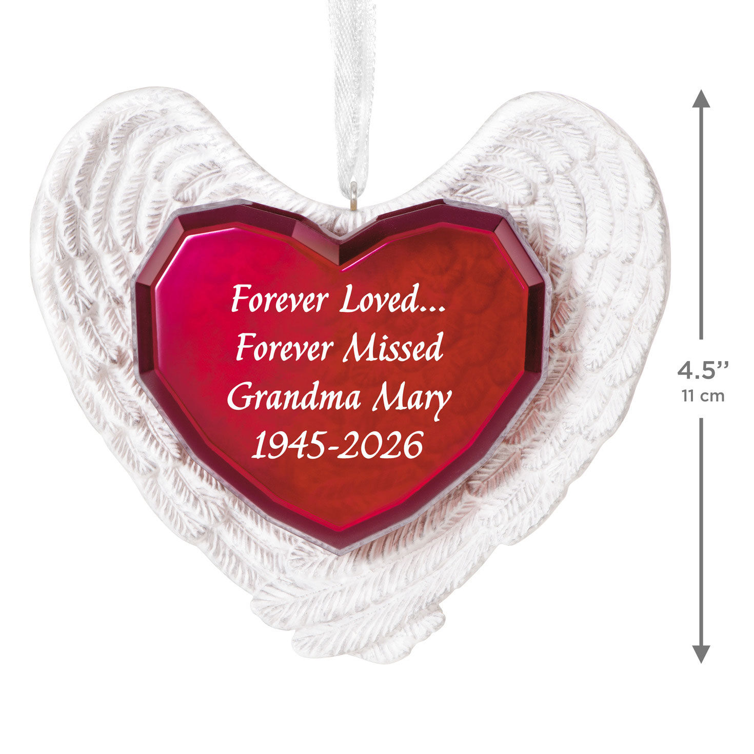 Forever Loved Memorial Heart and Angel Wings Personalized Keepsake Ornament measurement image number 3