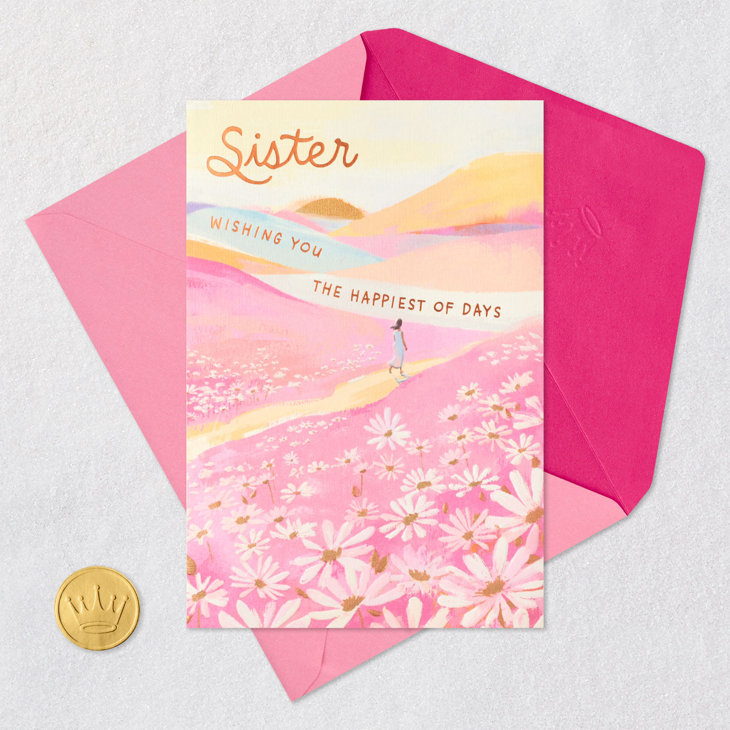 Woman in Sunset Landscape Sister Birthday Card Card Front with Envelope and Gold Seal image number 6