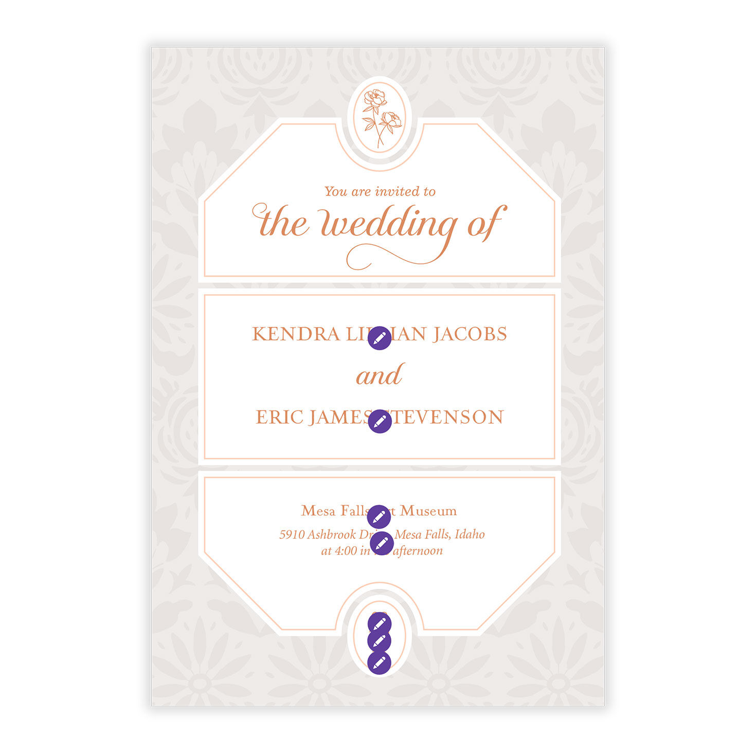 Damask Background Personalized Wedding Invitation Card Front indicating personalization image number 5