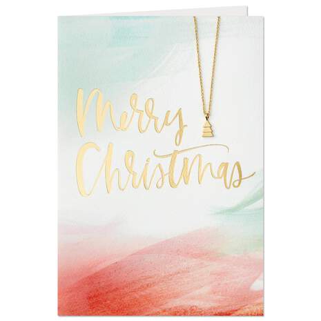 Modern Watercolor Christmas Card With Tree Charm Necklace, , large