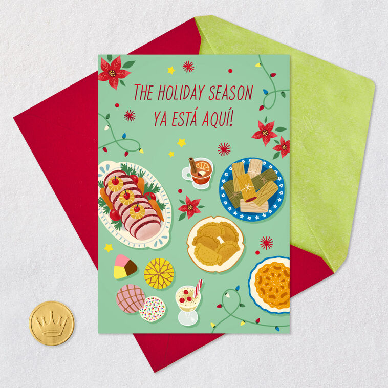 Tamales and Empanadas Spanish and English Christmas Card Card Front with Envelope and Gold Seal image number 5