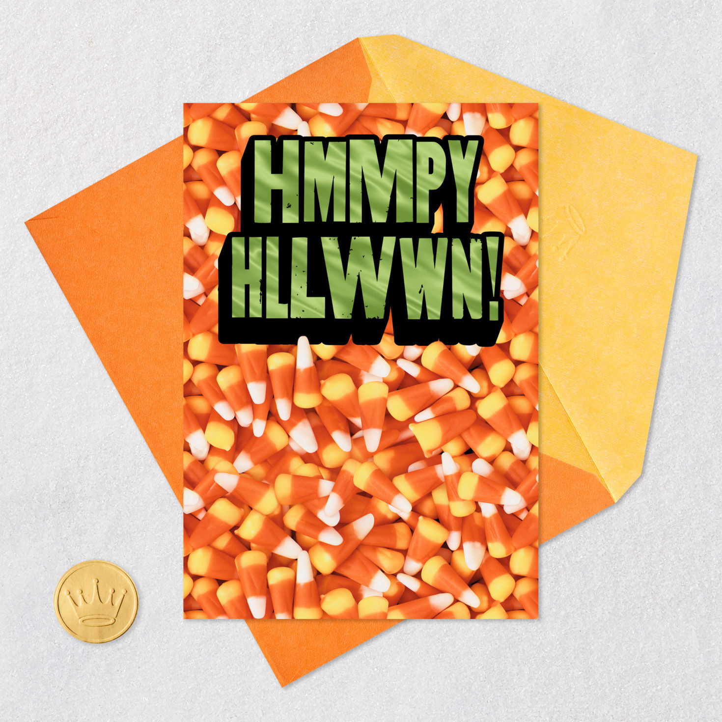 Candy Corn and Cat Funny Halloween Card Card Front with Envelope and Gold Seal image number 5