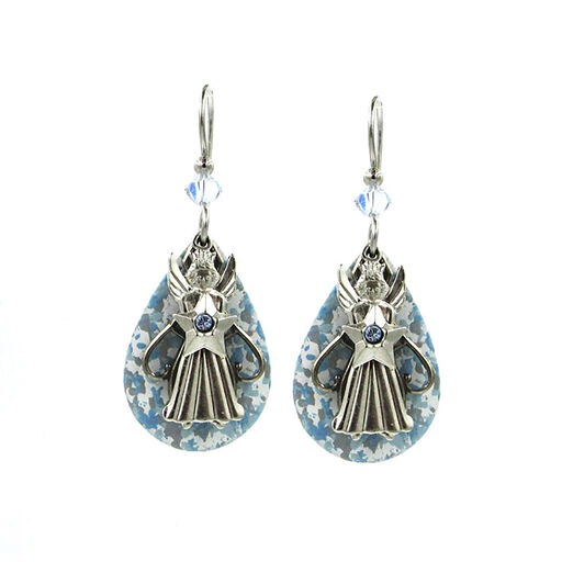 Silver Forest Angel and Star on Blue Metal Teardrop Earrings, 