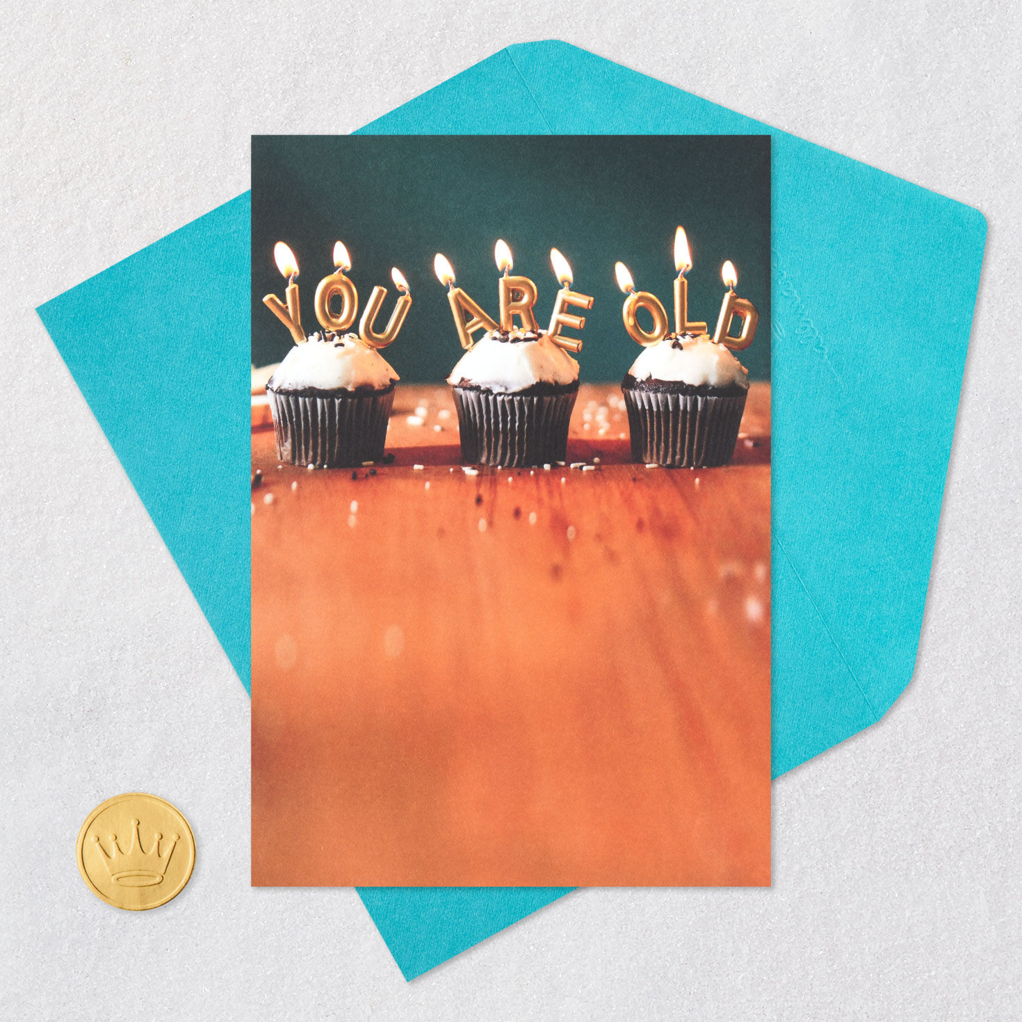 Chocolate Cupcakes with Candles Funny Bday Card Card front with envelope and gold seal image number 5