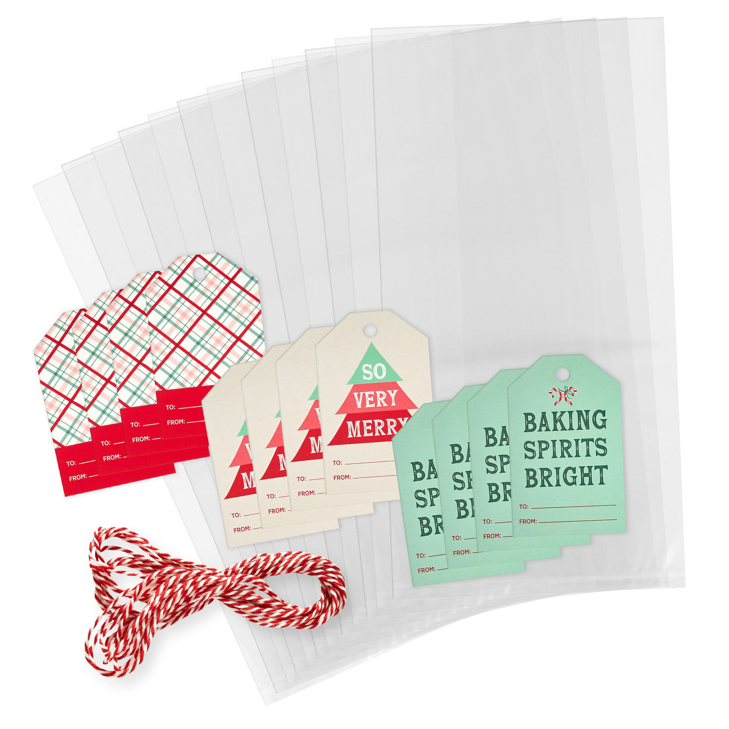 Clear Cello Christmas Goodie Bags With Gift Tags, Pack of 12