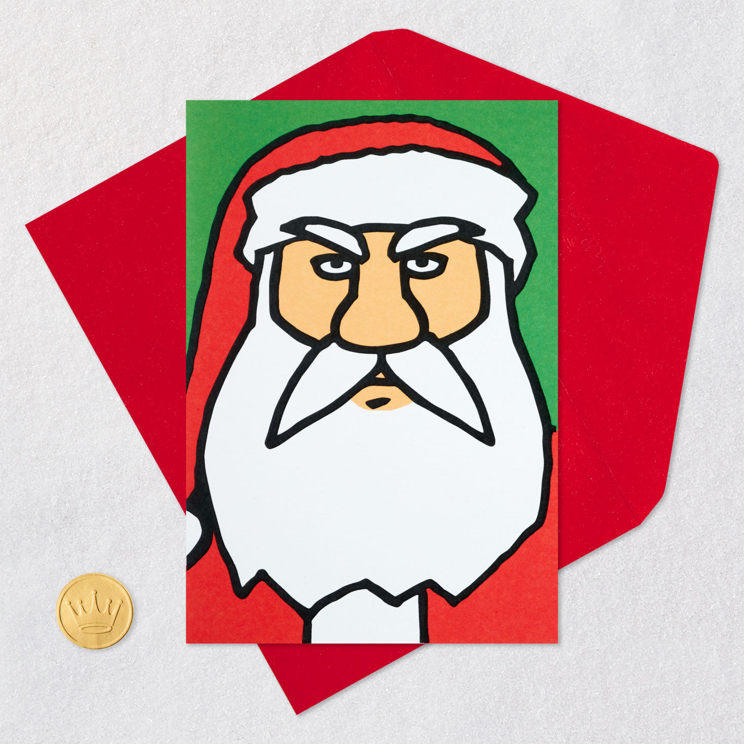 Angry Santa Face Christmas Card Card Front with Envelope and Gold Seal image number 5