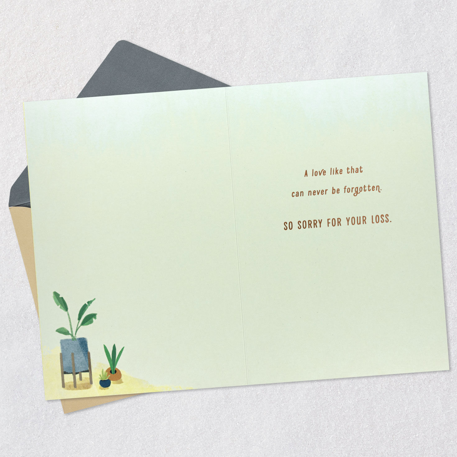 Teal and Green Bed with Slippers Dog Sympathy Card Open card with envelope image number 3