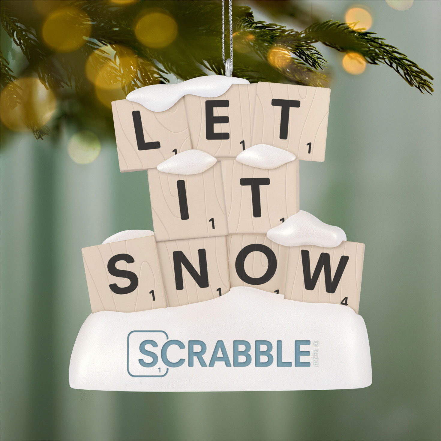 Hasbro Scrabble Let It Snow Keepsake Ornament hanging on tree image number 2