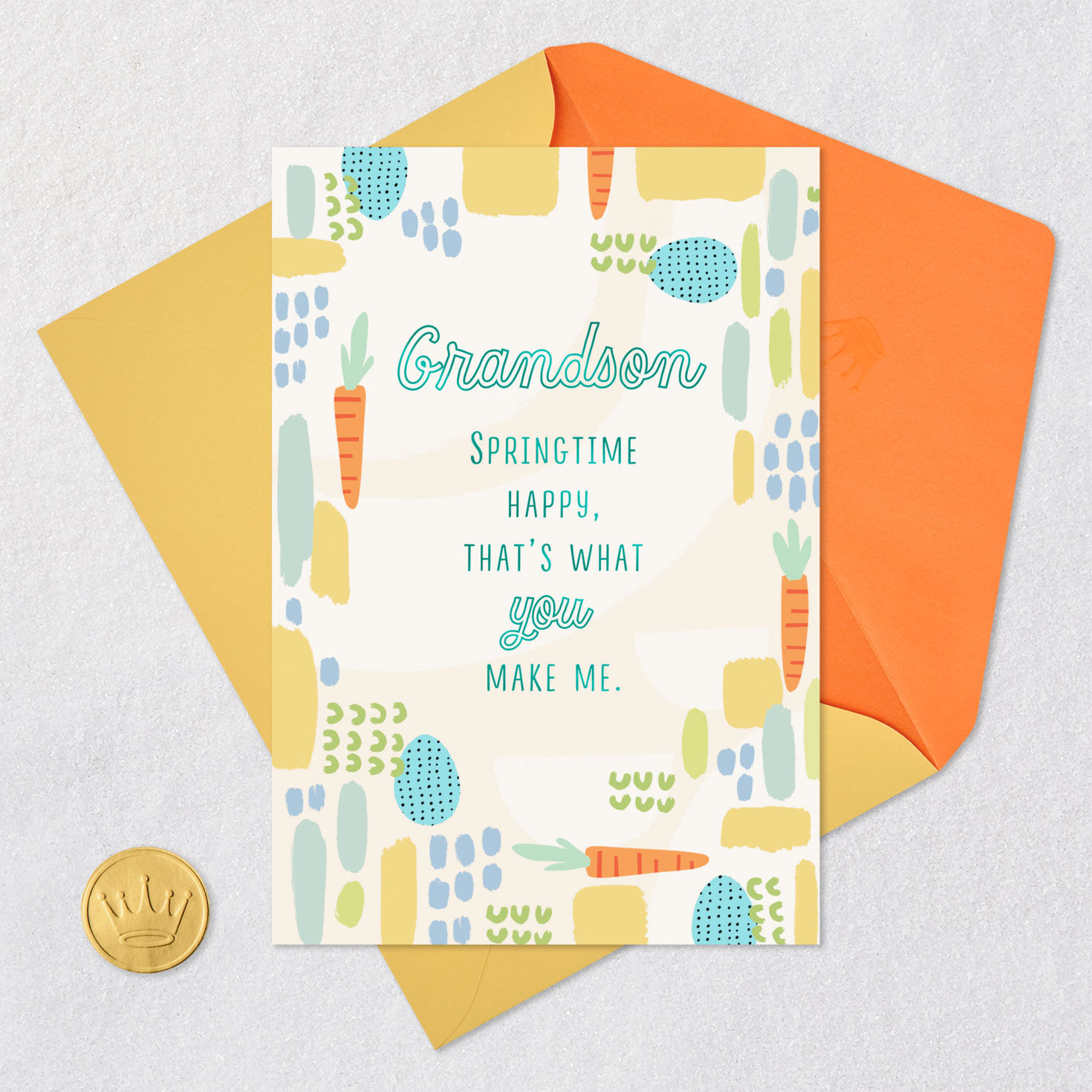 Abstract Eggs and Carrots Easter Card for Grandson Card Front with Envelope and Gold Seal image number 5