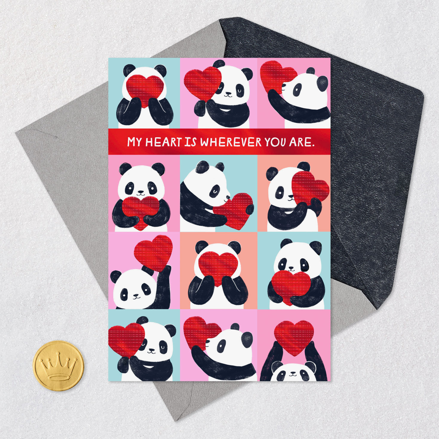 Panda Bear and Red Hearts Valentine's Day Card Card Front with Envelope and Gold Seal image number 6