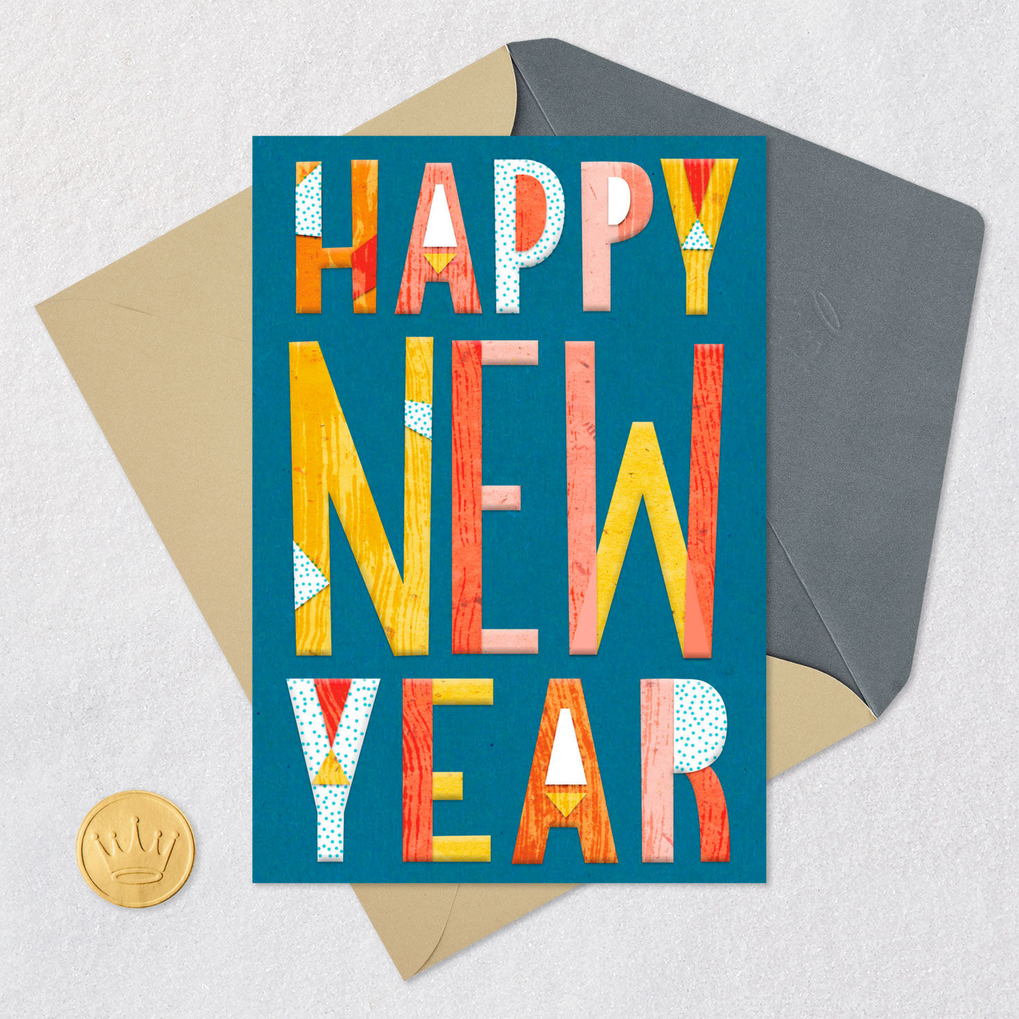 Cut Paper Lettering Happy New Year Card Card Front with Envelope and Gold Seal image number 5
