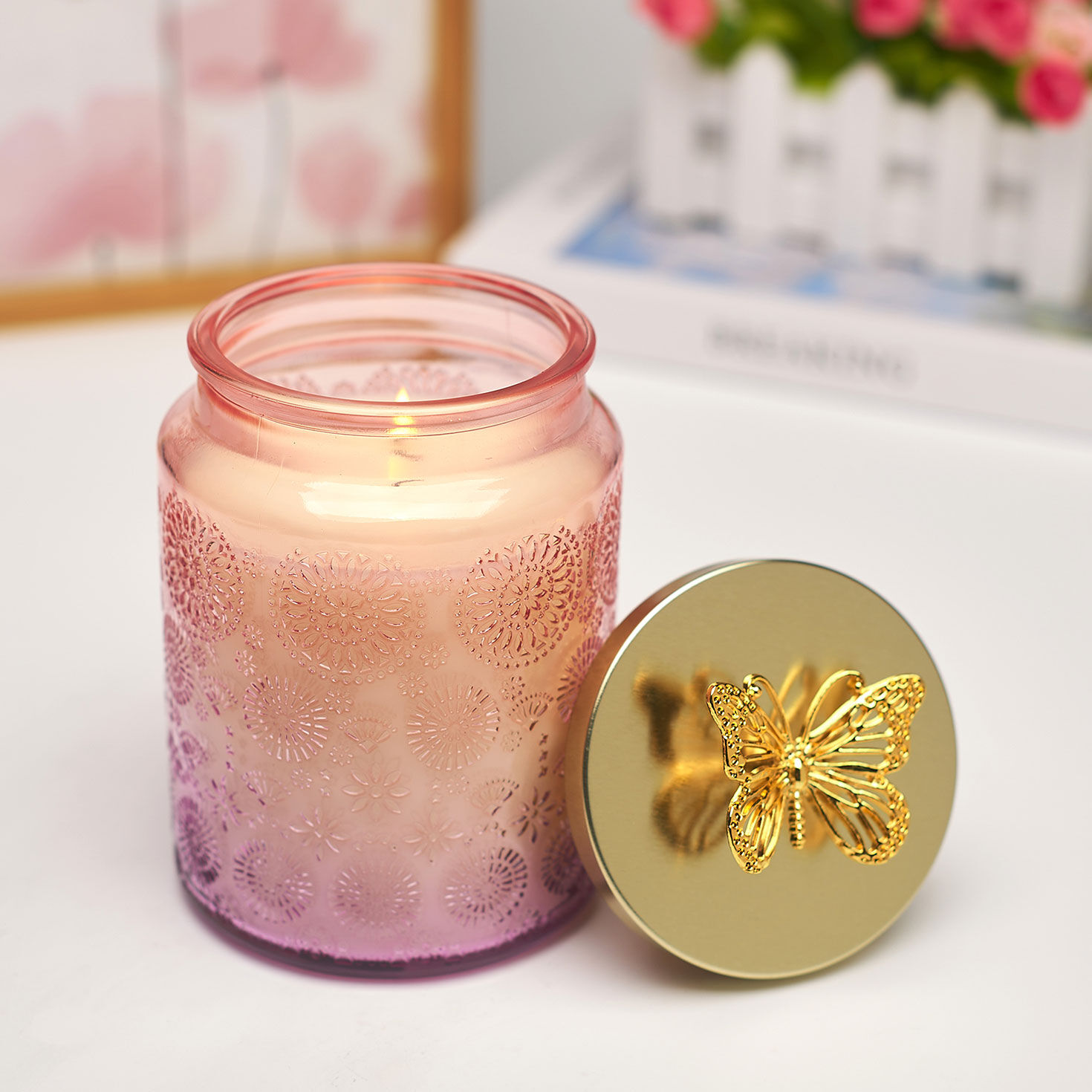 Lavender Rosemary Scented Candle in Lavender Glass Jar in use image number 6