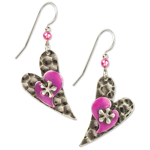 Silver and Pink Hearts Layered Metal Drop Earrings, 