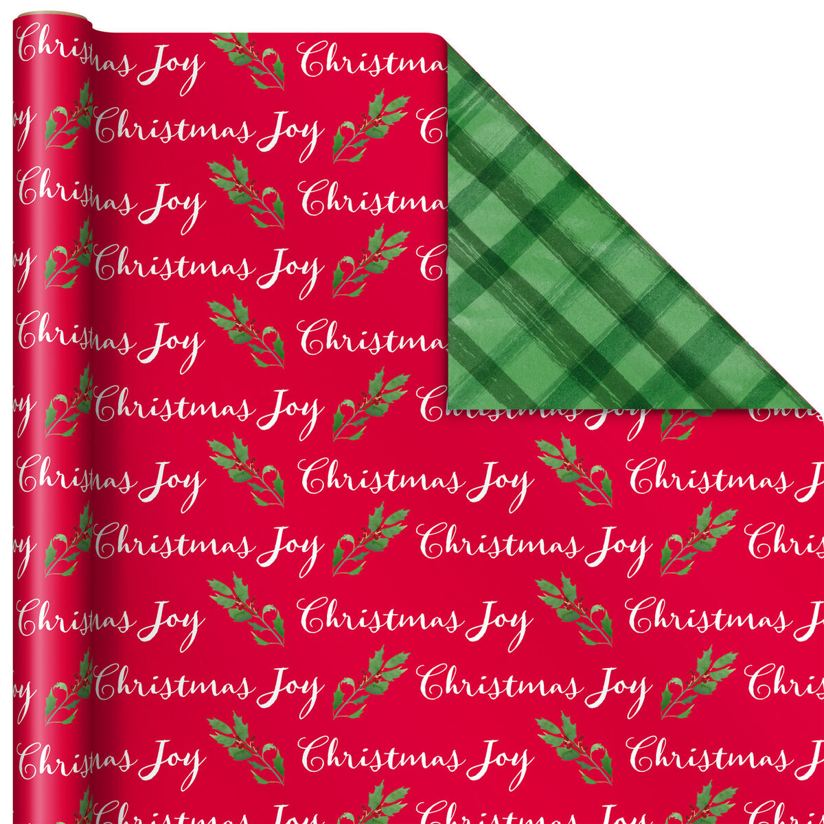 Joy and Holly on Red/Green Plaid Reversible Wrapping Paper, 40 sq. ft. - Wrapping Paper - Hallmark
