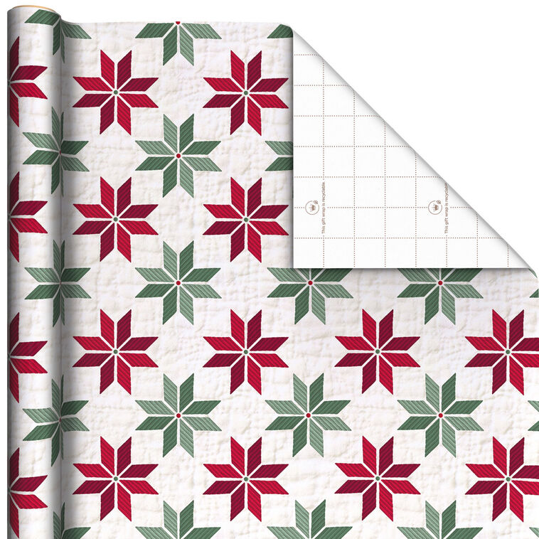 Quilted Red and Green Stars on White Holiday Wrapping Paper Roll, 22.5 sq. ft.