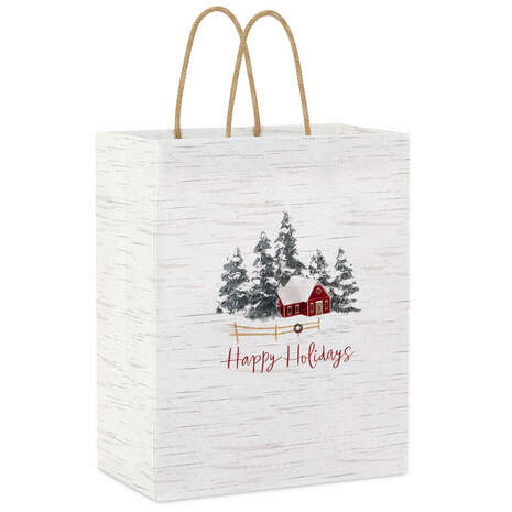 9.6" Happy Holidays Red House on Birch Medium Gift Bag, , large