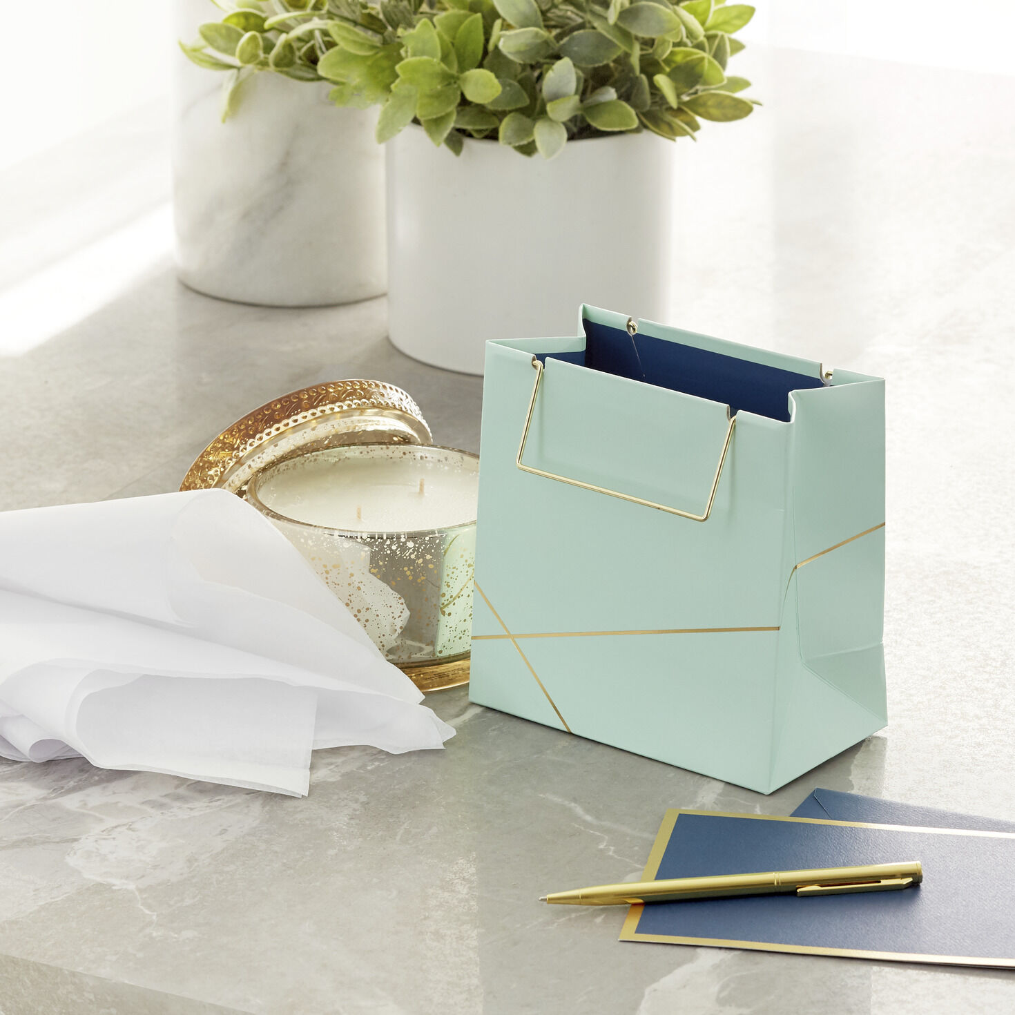 5.5" Mint Green With Gold Small Square Gift Bag, , large image number 2