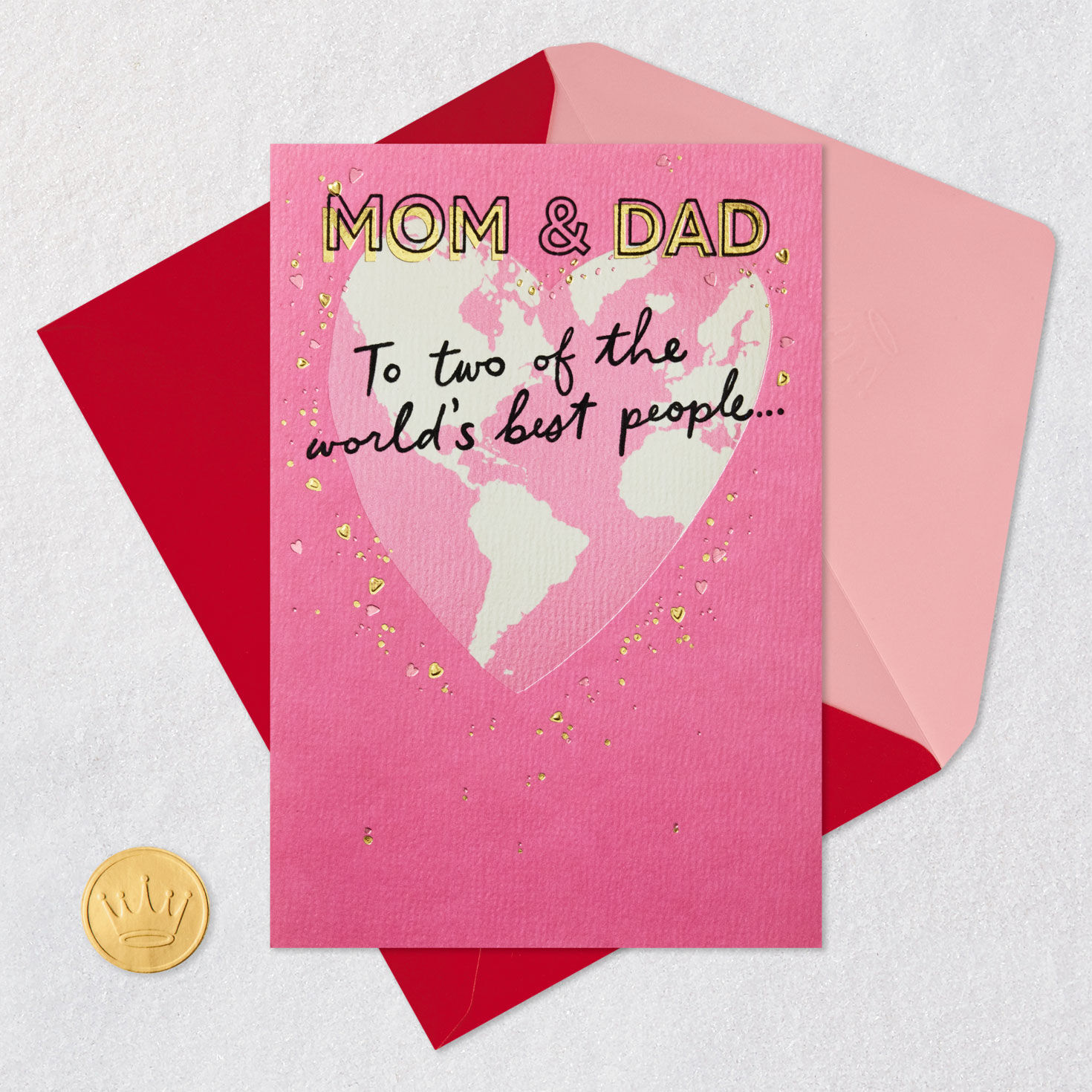 Heart-Shaped Globe Mom and Dad Valentine's Day Card Card Front with Envelope and Gold Seal image number 5
