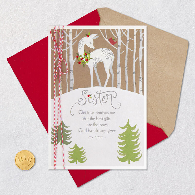 Deer and Bird Christmas Card for Sister Card Front with Envelope and Gold Seal image number 6