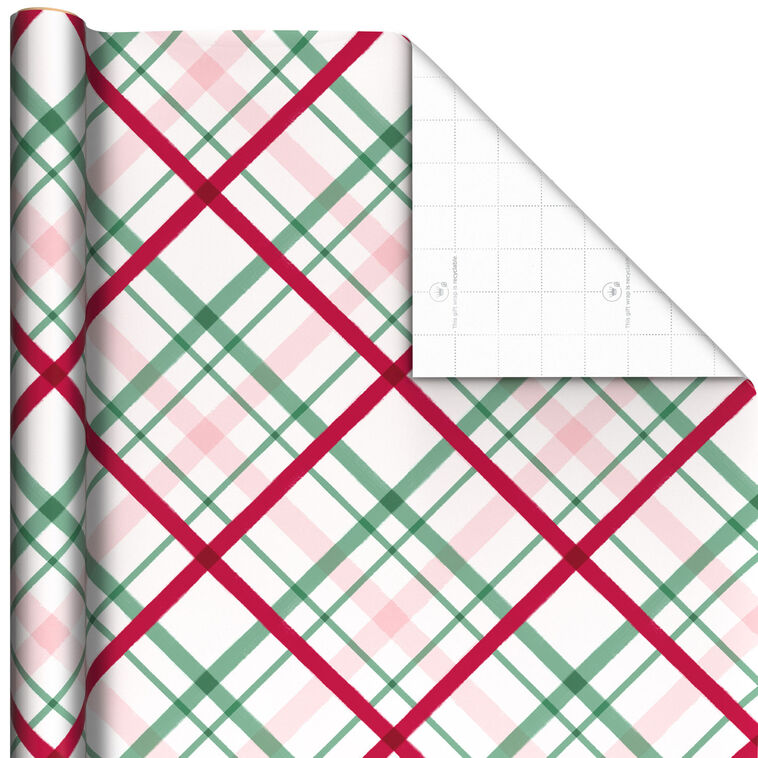 Peppermint-Scented Playful Plaid on White Christmas Wrapping Paper Roll, 20 sq. ft.