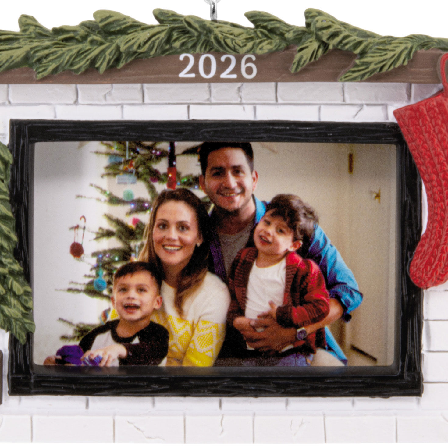 Rustic Fireplace Photo Frame Christmas Ornament upclose view image number 5
