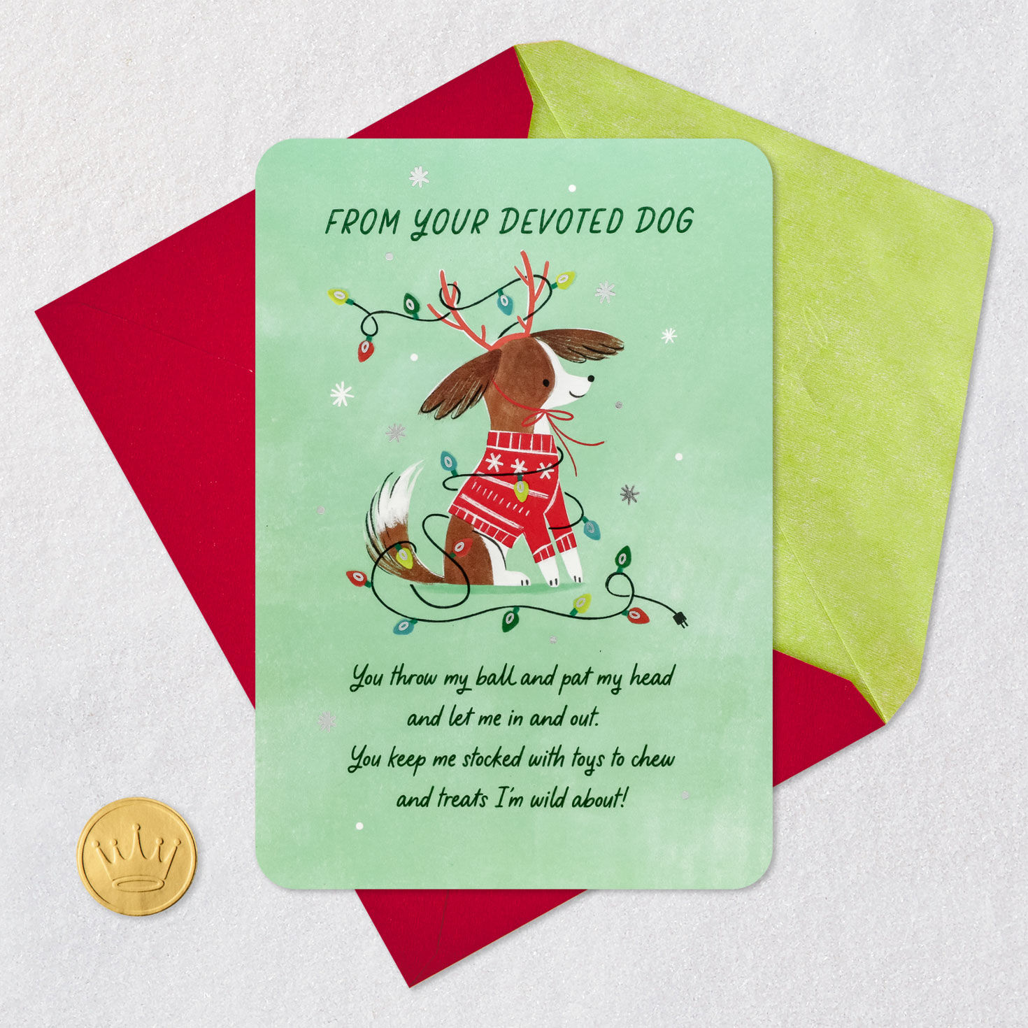 Funny Dog in String Lights Christmas Card Card Front with Envelope and Gold Seal image number 5