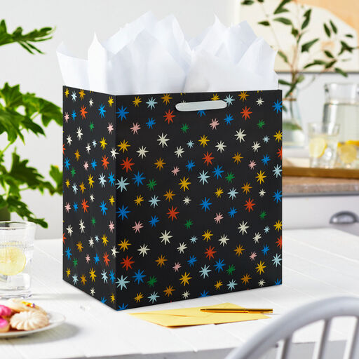 15" Colorful Stars on Black Extra-Deep Gift Bag, 