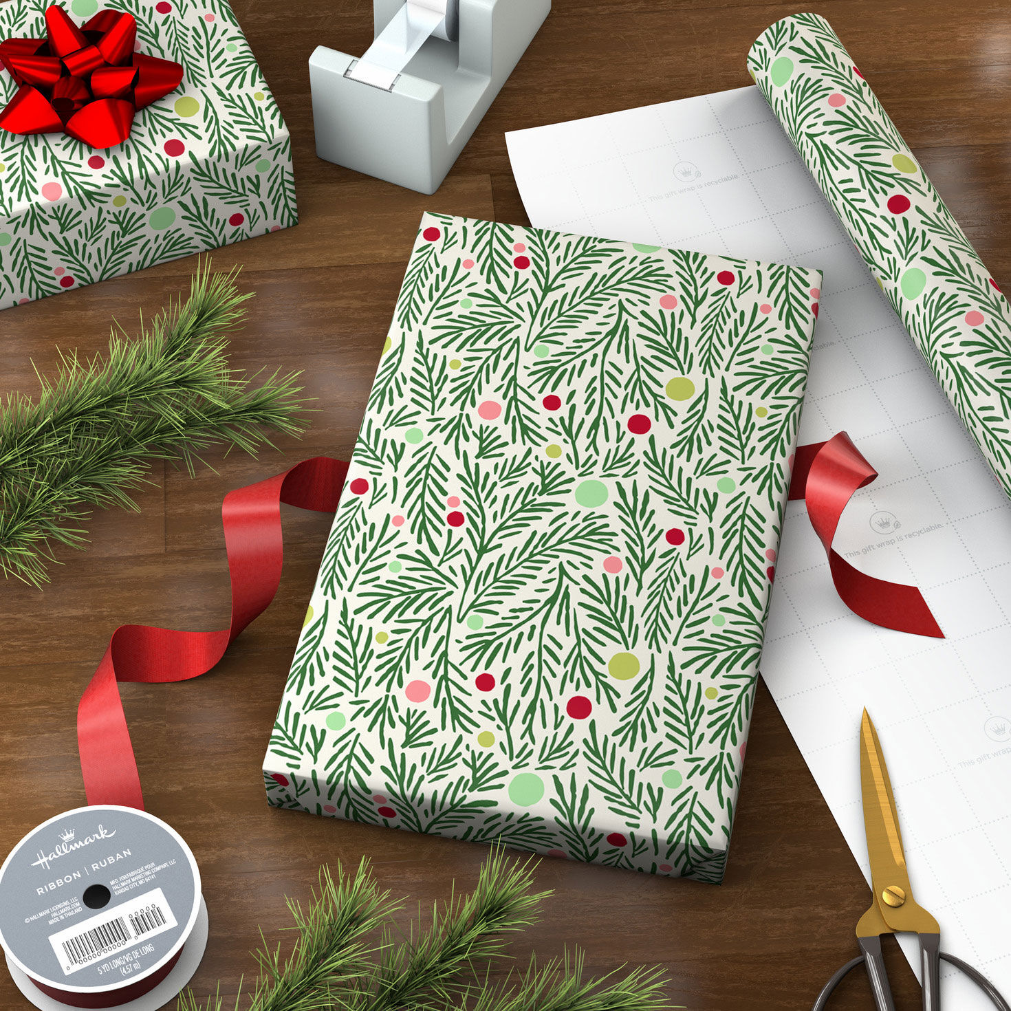 Pine Branches and Polka Dots on Cream Holiday Wrapping Paper Roll, 35 sq. ft. for only USD 4.99 | Hallmark