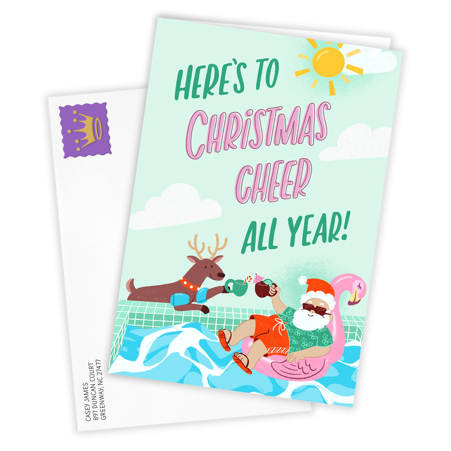 Santa Reindeer in Pool Personalized Christmas Card Card Front with Envelope image number 2