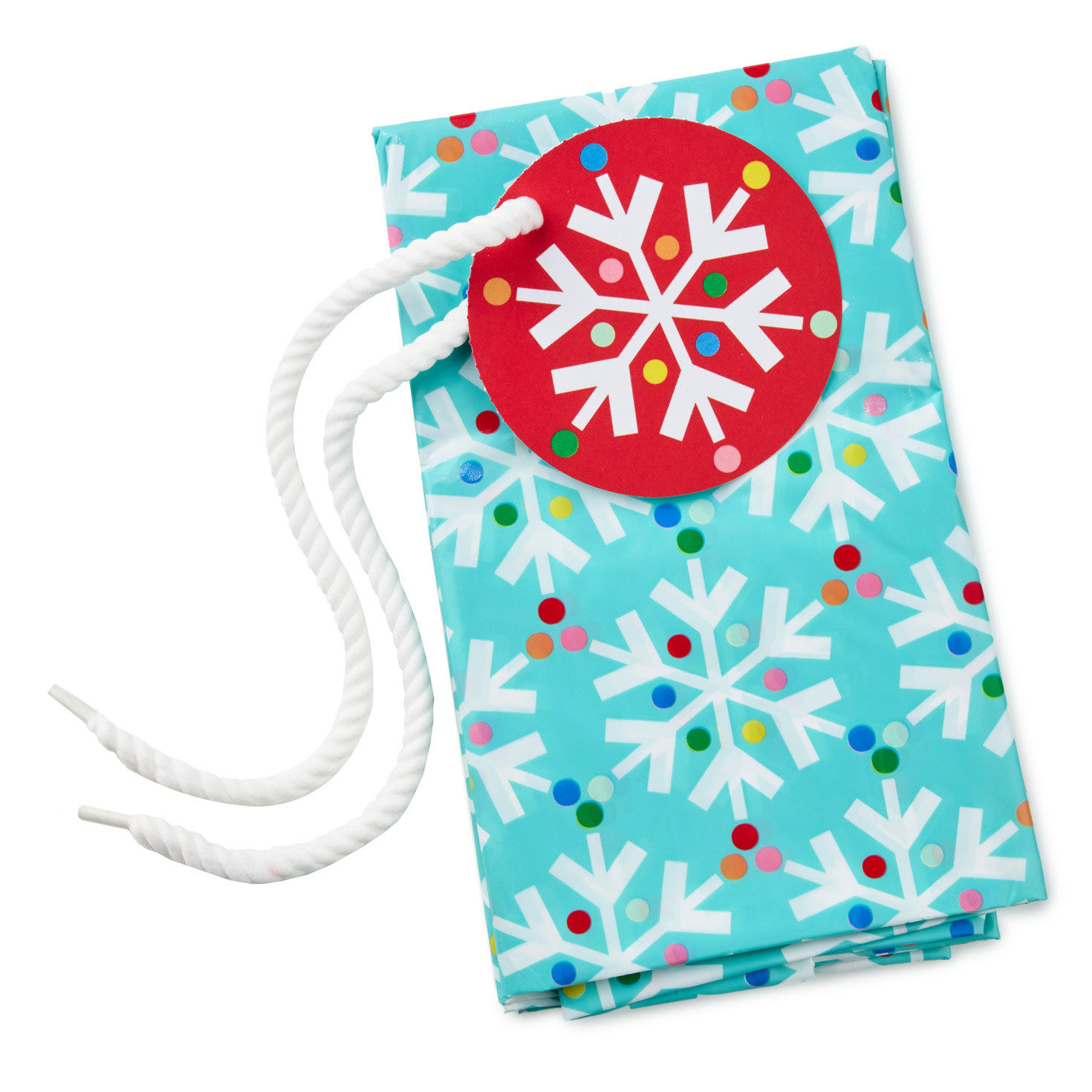 Snowflakes on Blue Giant Plastic Holiday Gift Bag folded image number 3