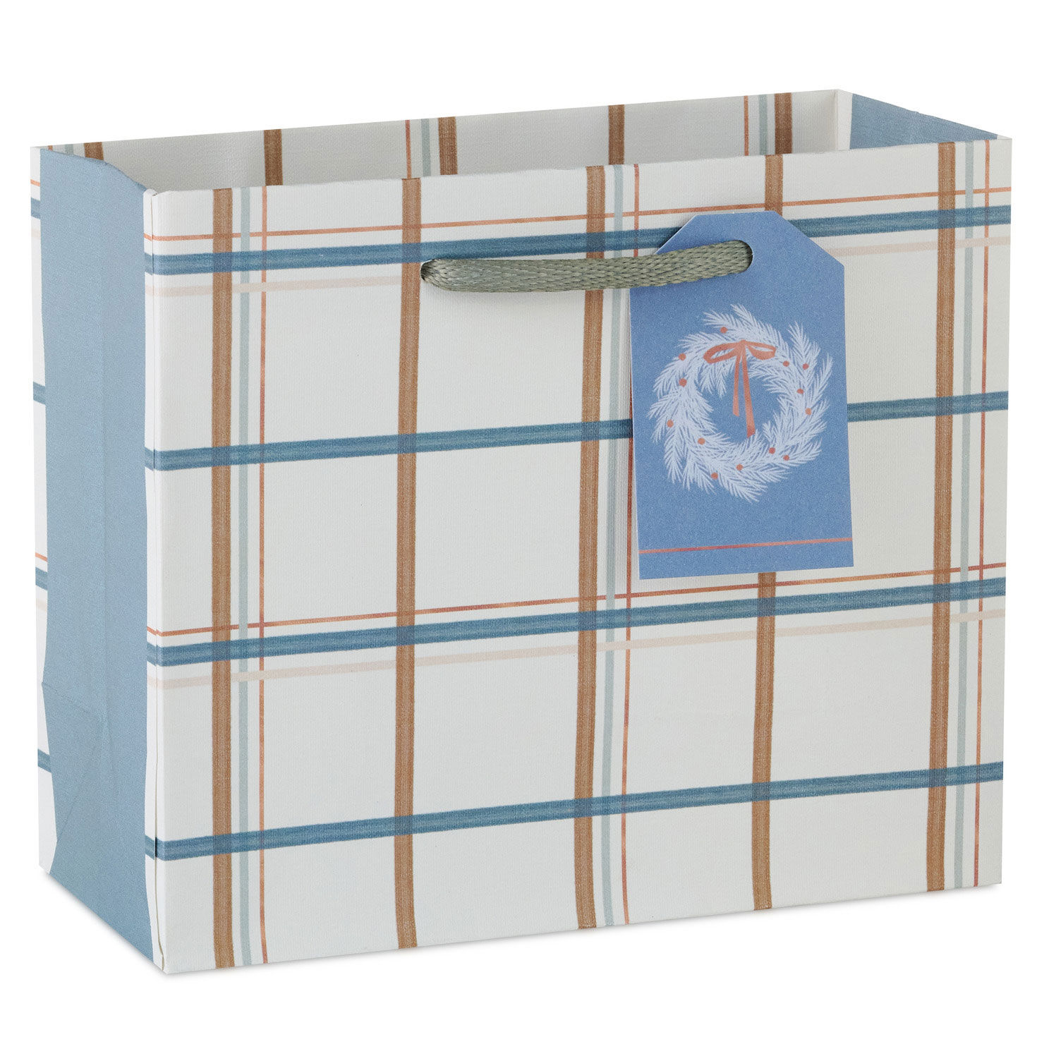 5.5" Rose Gold and Icy Blue Plaid Small Horizontal Christmas Gift Bag With Gift Tag