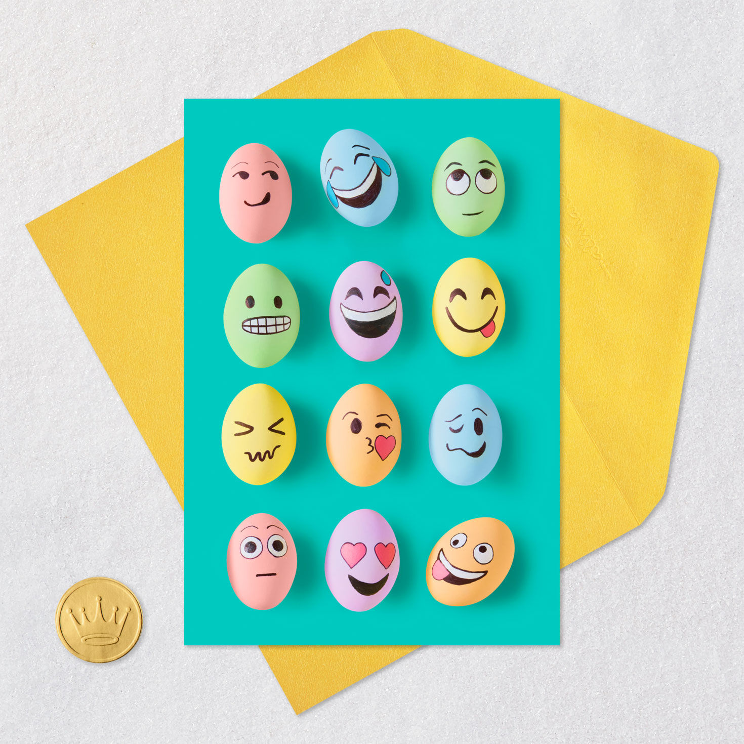 Cartoon Egg Faces on Teal Easter Card Card with envelope and Seal image number 5