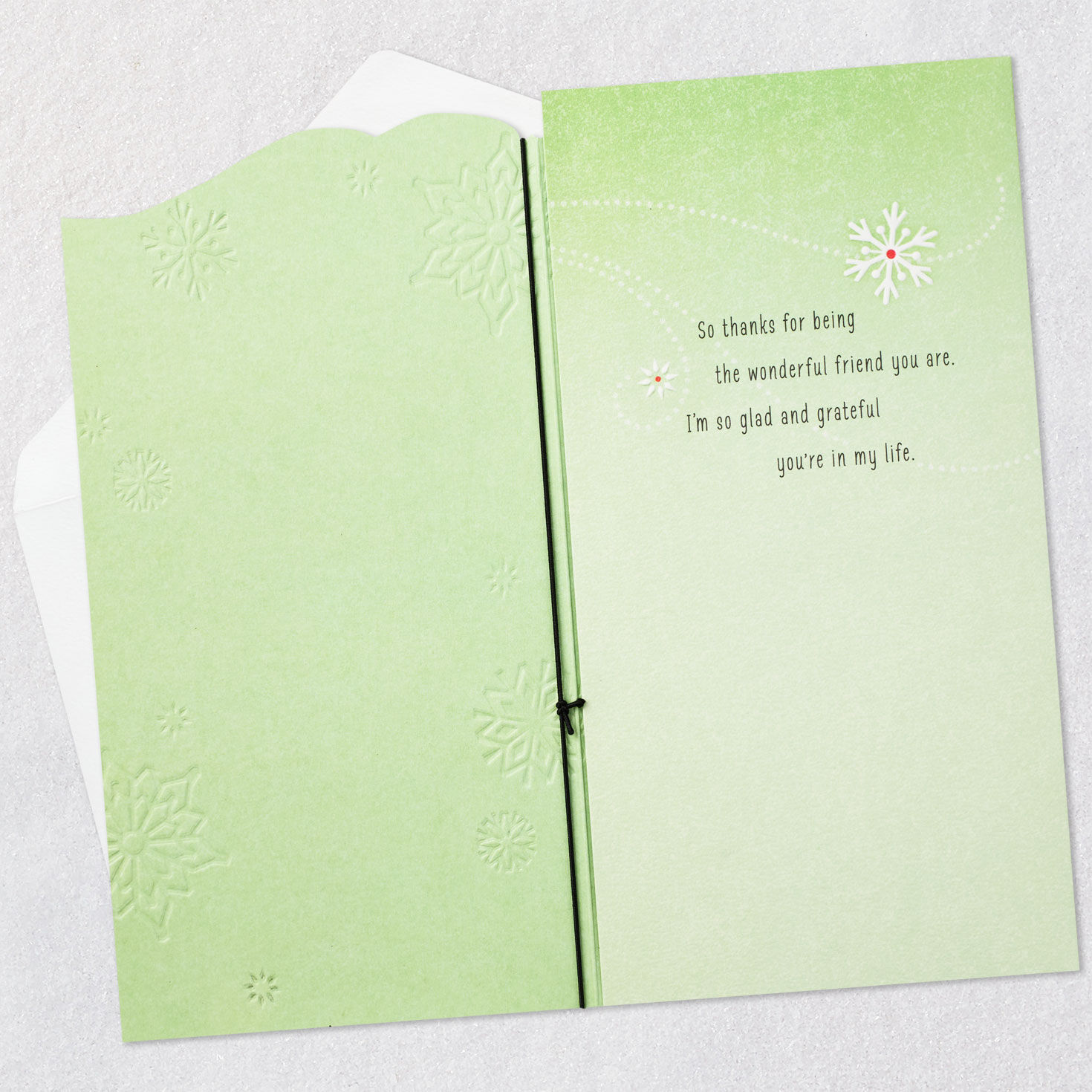 Snowflakes on Green Friend Christmas Card Open card with envelope image number 3