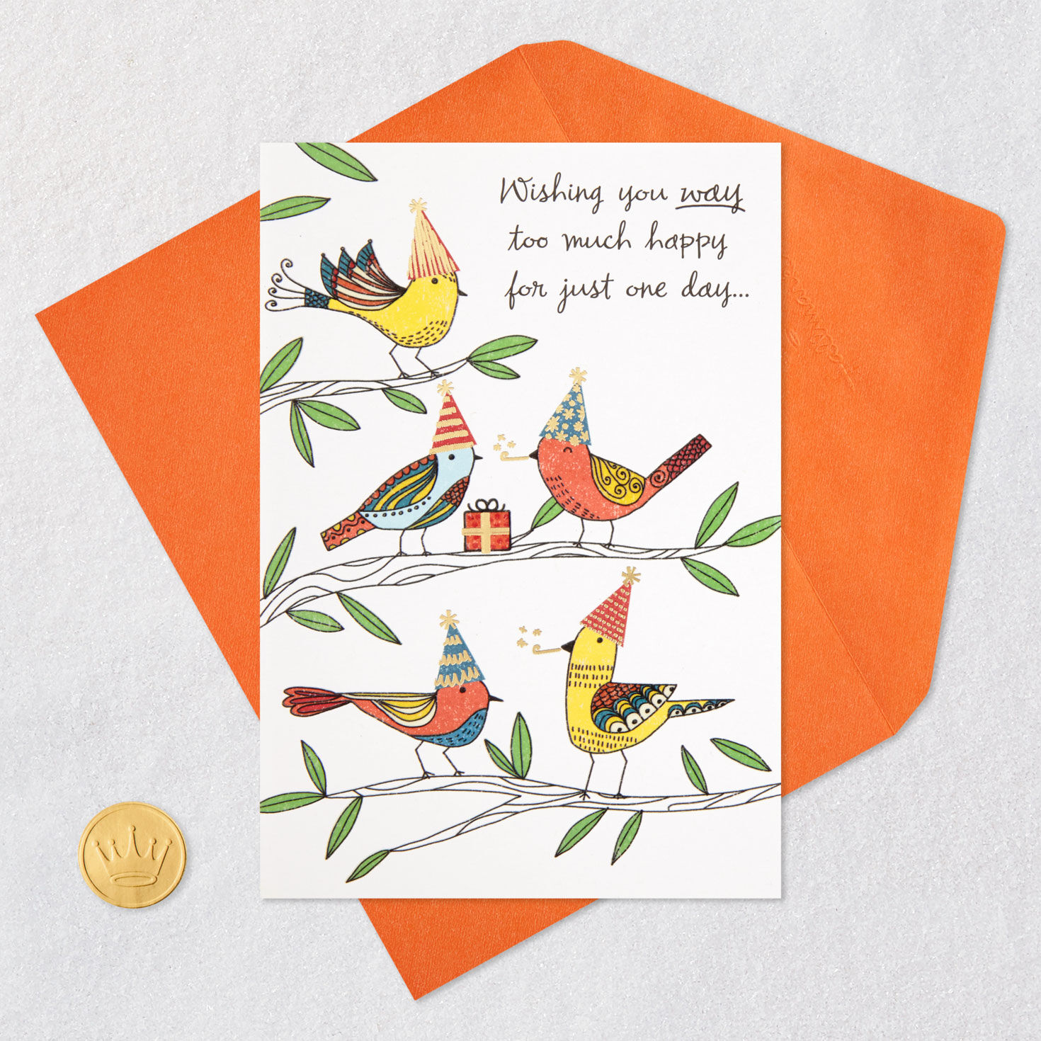 Birds in Party Hats Happy Birthday Card Card Front with Envelope and Gold Seal image number 5