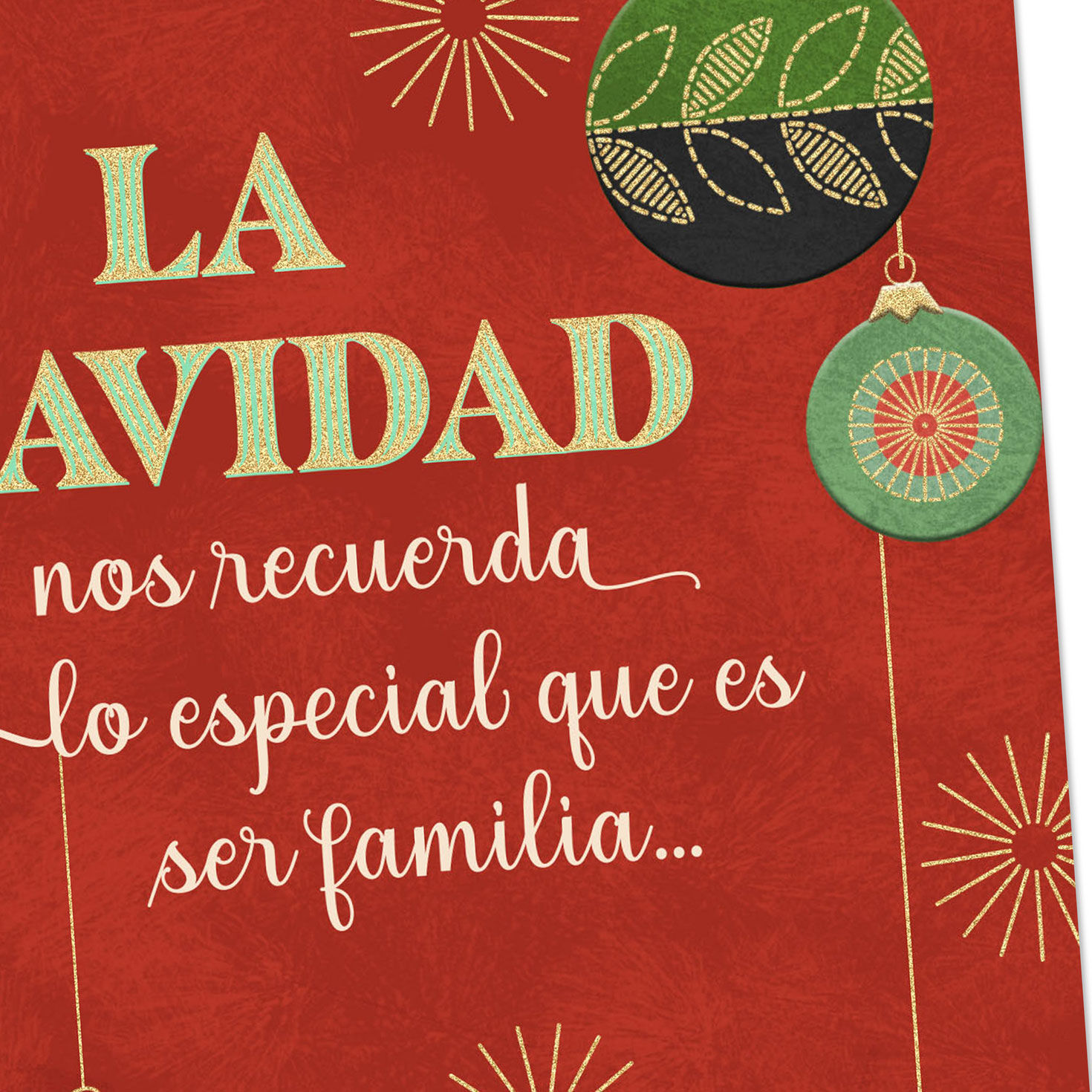 Patterned Ornaments on Red Christmas Card in Spanish Card Front Detail image number 4