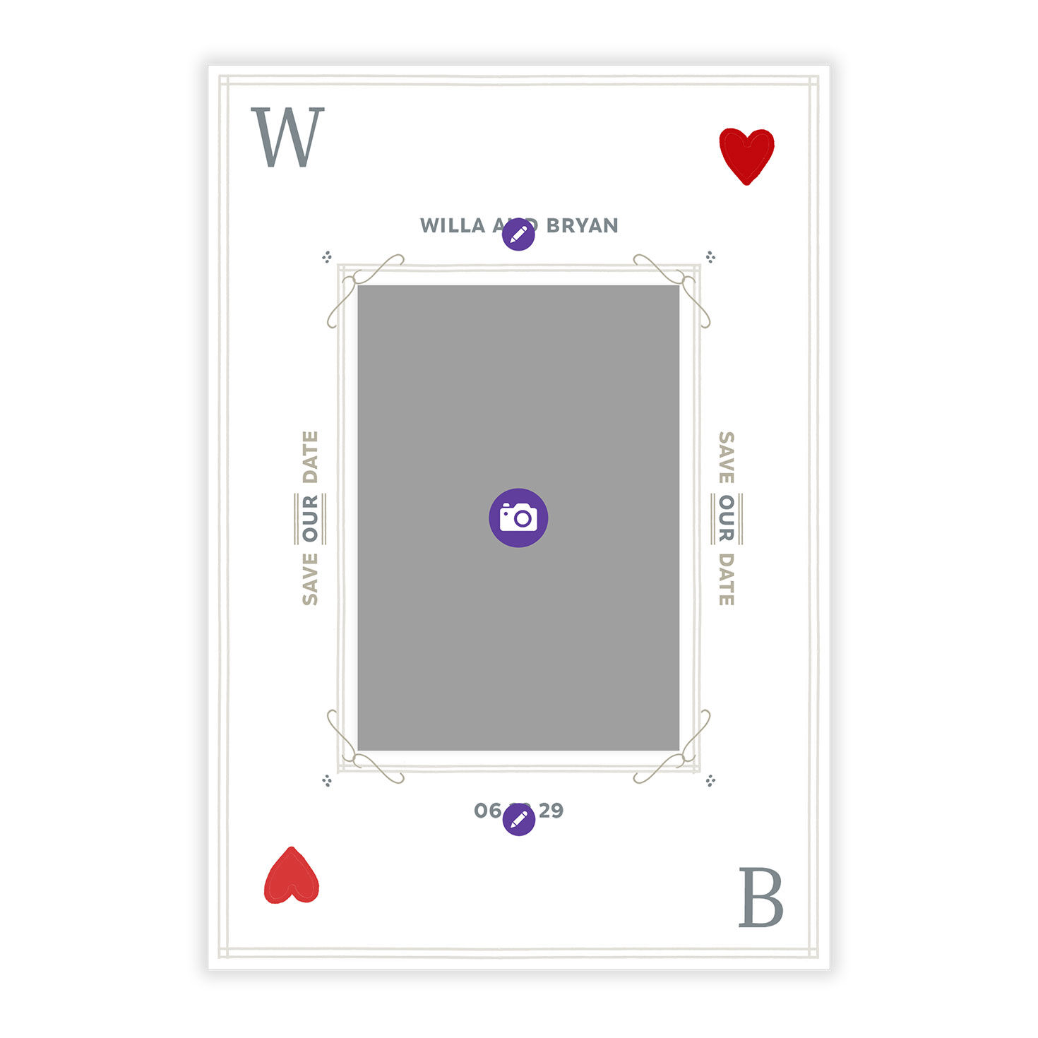 Hearts Playing Card Personalized Save the Date Card Card Front indicating personalization image number 5