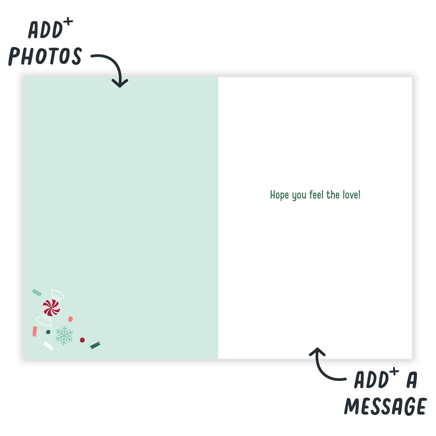 Green Red Paper Hug Personalized Holiday Card Open Card indicating personalization image number 3