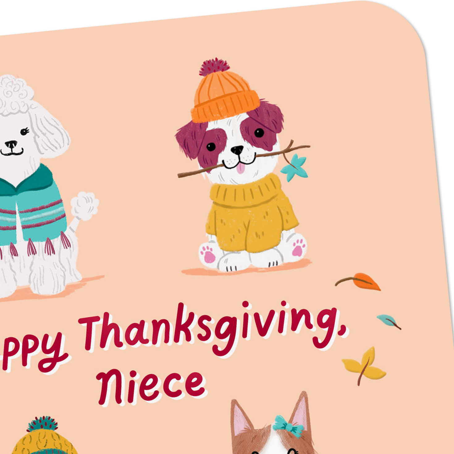 Cute Pups in Hats Peach Thanksgiving Card for Niece Card Front Detail image number 4