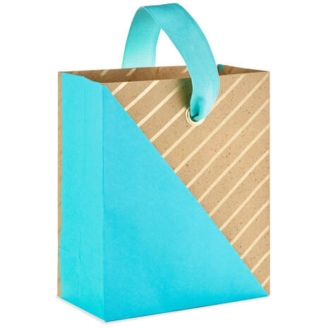 Aqua and Gold Diagonal Stripe on Kraft Small Gift Bag, 6.5", , large