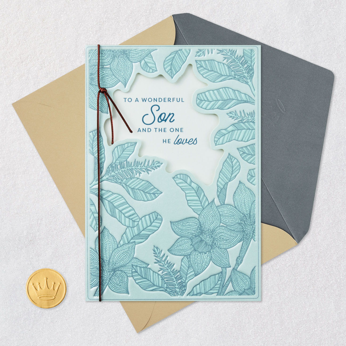 Blue Leaves Anniversary Card for Son and Partner Card Front with Envelope and Gold Seal image number 6
