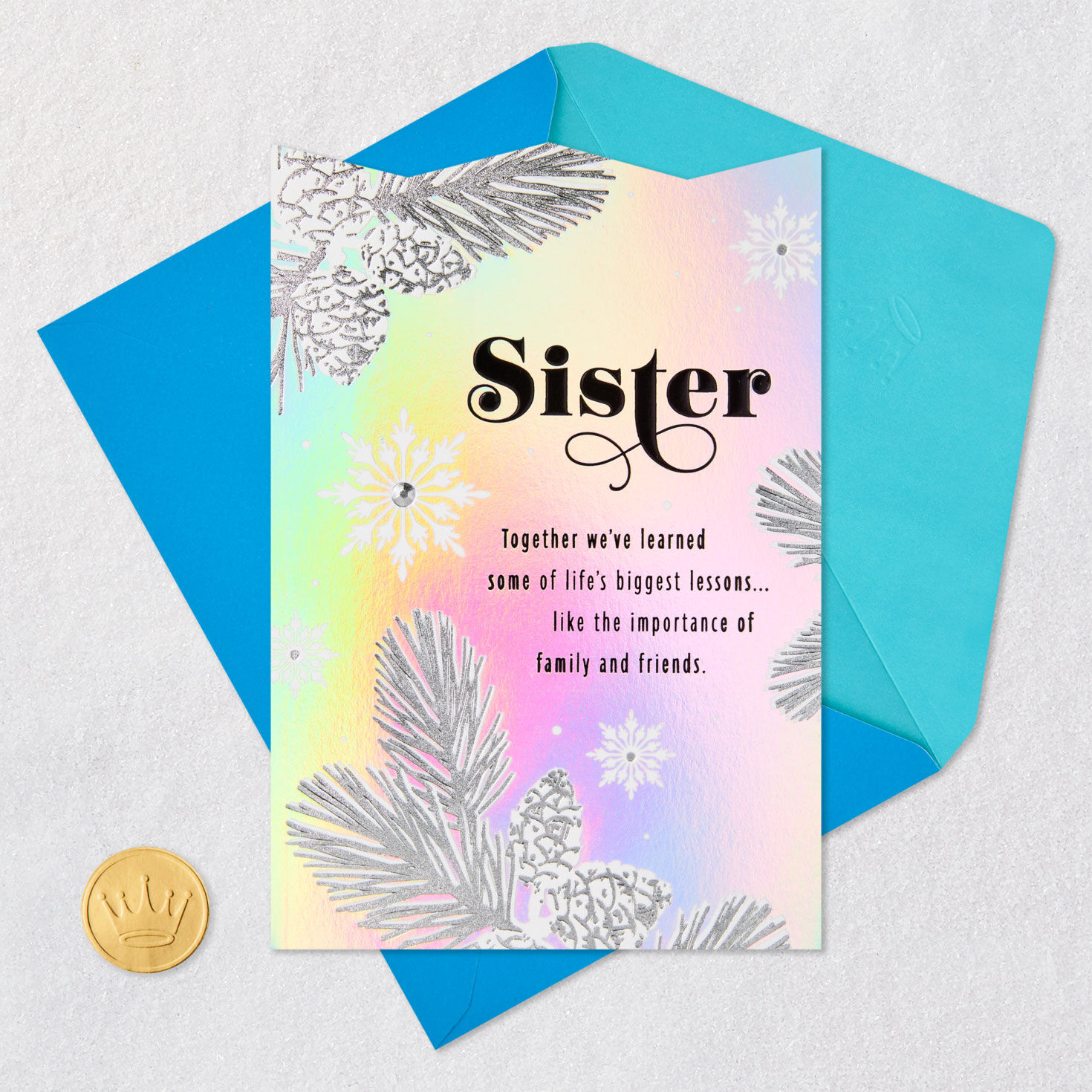 Snowflakes and Pine Branches Sister Christmas Card Card Front with Envelope and Gold Seal image number 7