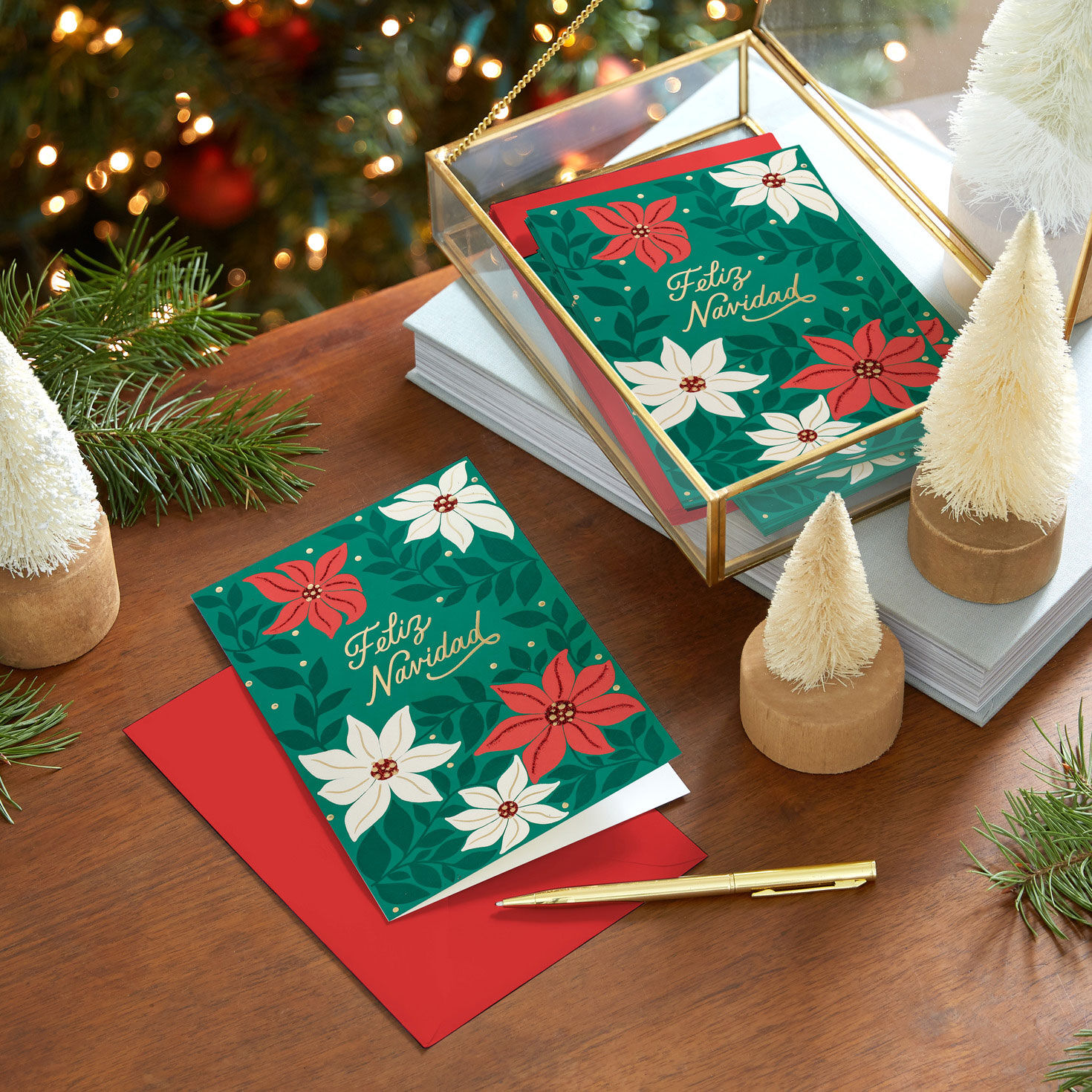 Poinsettias on Green Spanish Boxed Christmas Cards in use image number 7