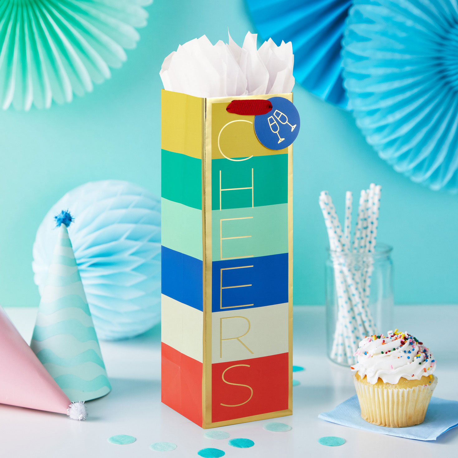 Cheers Colorful Stripe Wine Bottle Gift Bag In use image number 2