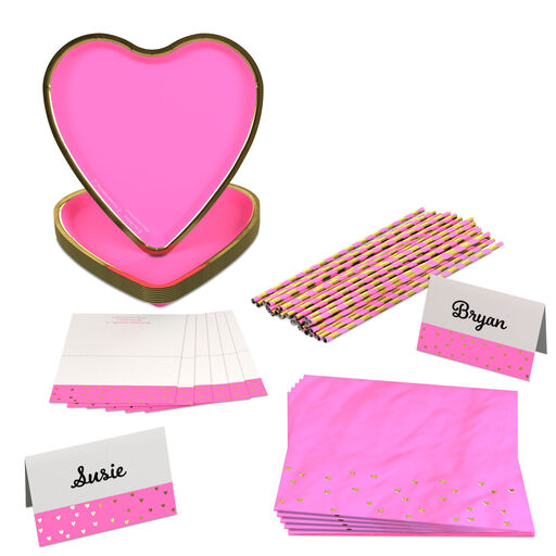 Color Pop 60-Piece Tableware Premium Party Kit, Pink Heart, 