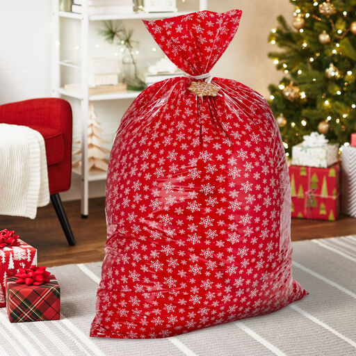 Snowmen on Blue and Snowflakes on Red 2-Pack Giant Plastic Christmas Gift Bags, 
