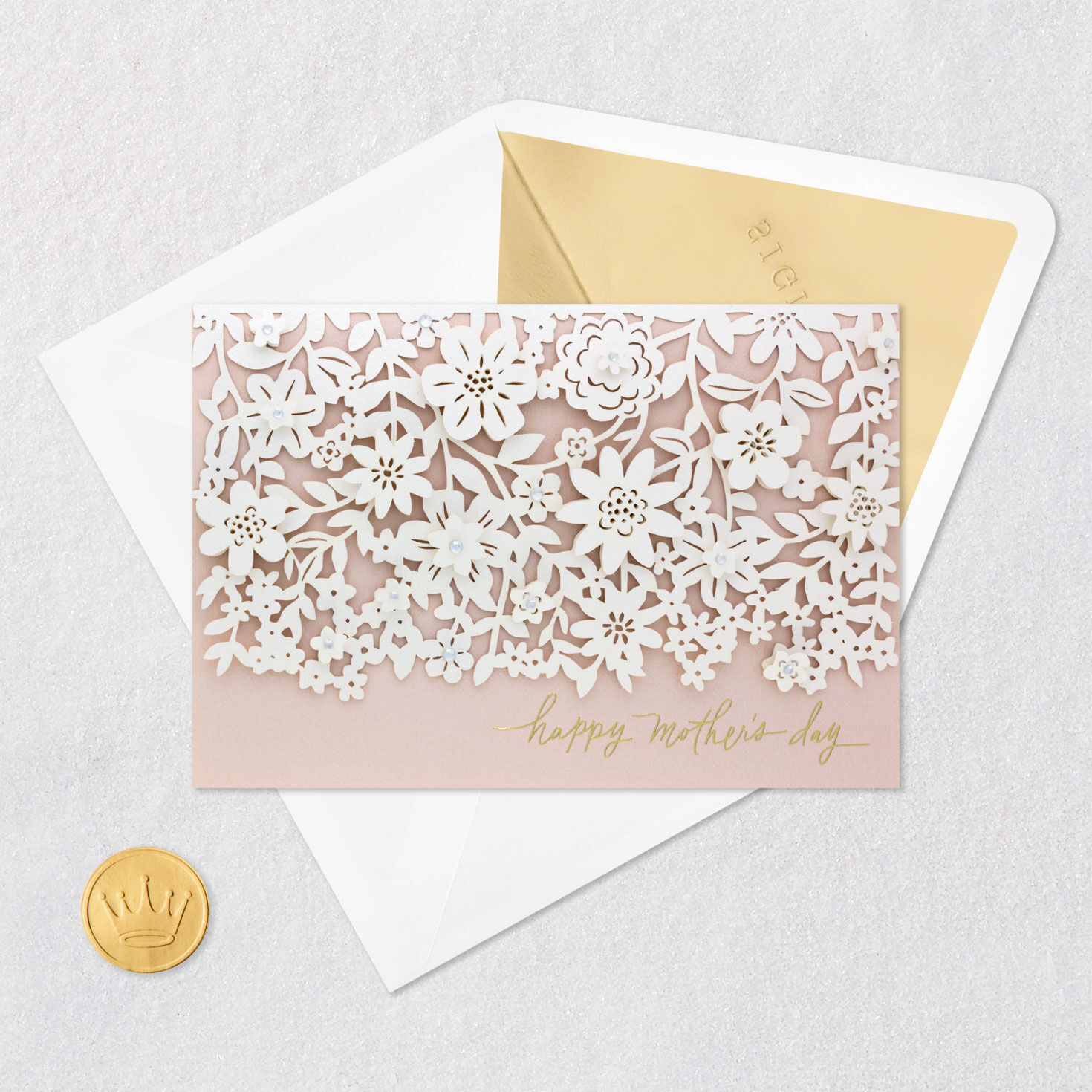 White Flowers on Blush Pink Mother's Day Card Card Front with Envelope and Gold Seal image number 5