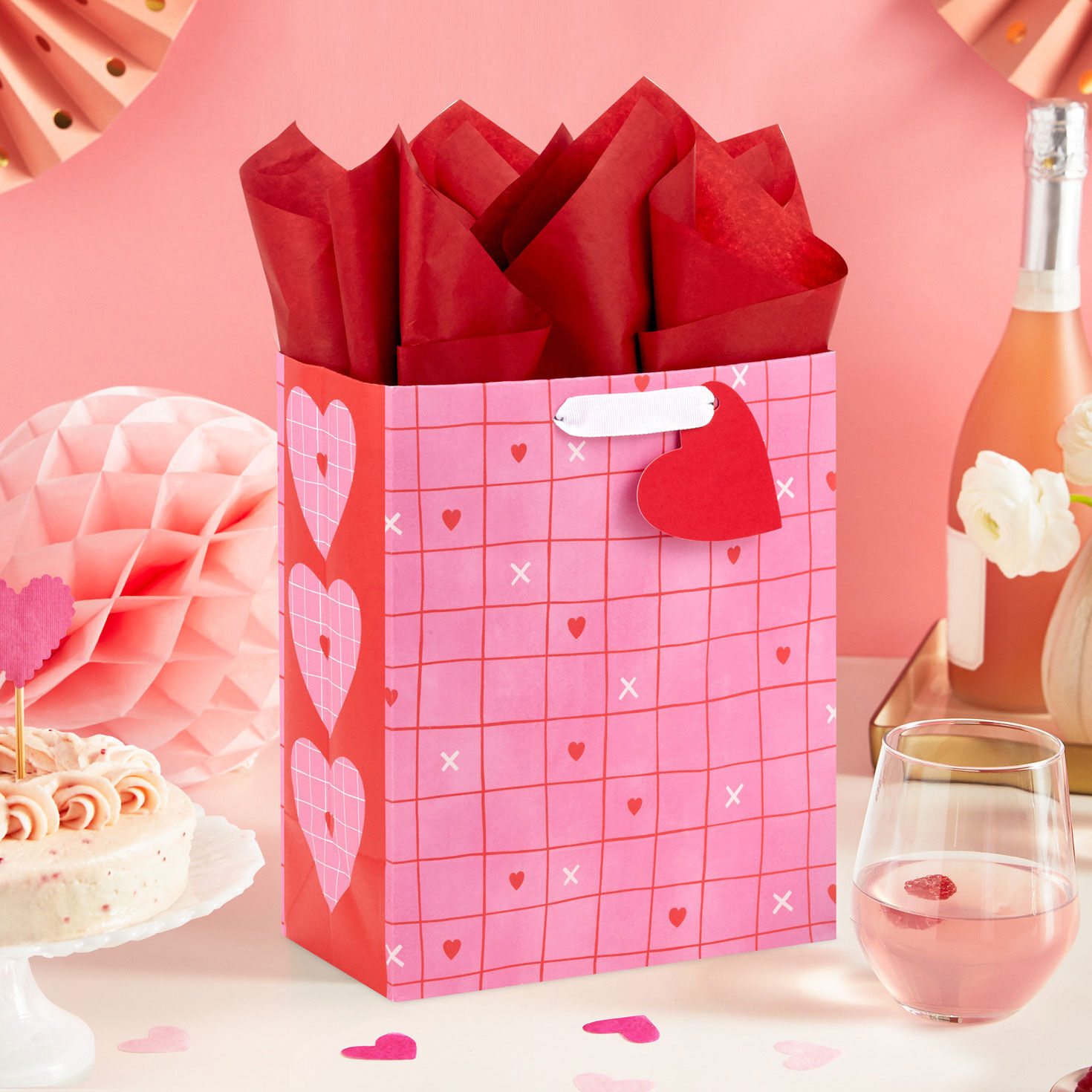9.6" Red Grid on Pink Medium Valentine's Day Gift Bag With Tissue Paper, , large image number 2