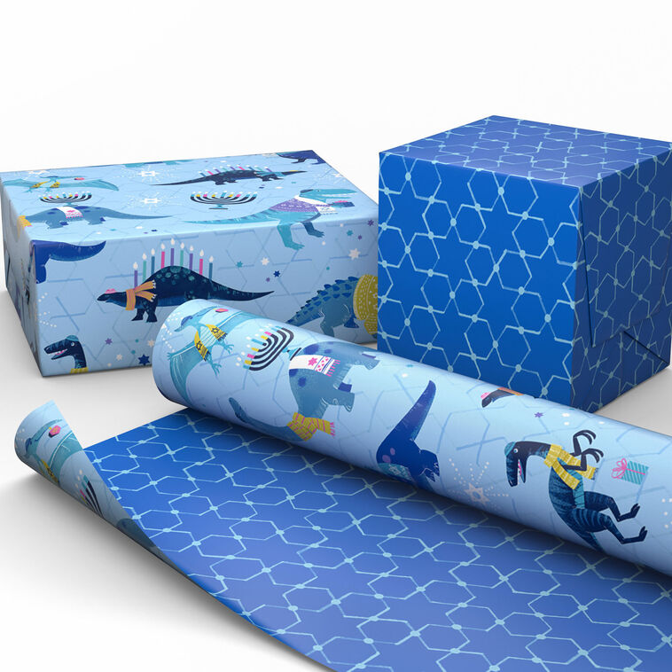 Dinosaurs and Stars Reversible Hanukkah Gift Wrap Wrapped pkg image number 2