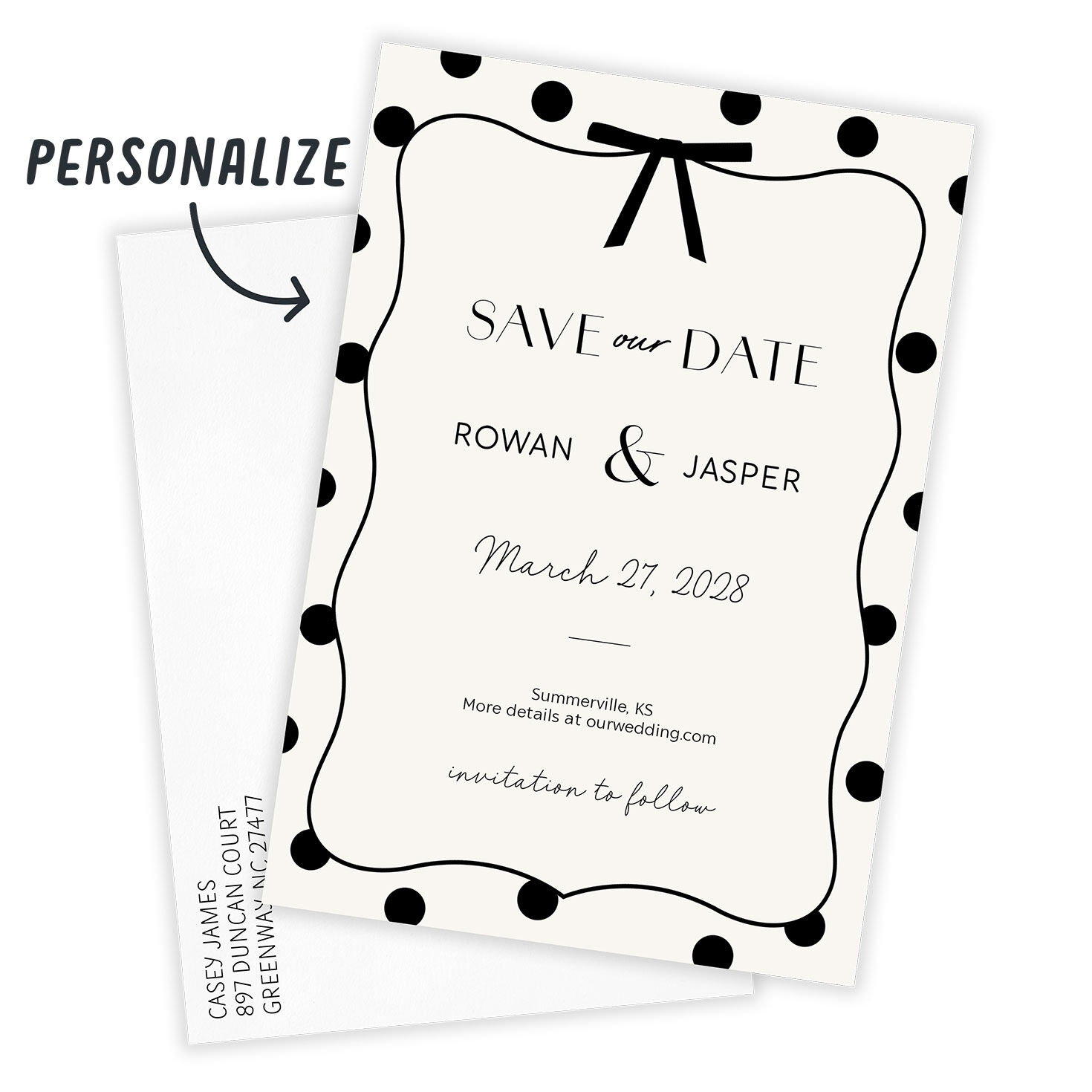 Black White Dots Bow Personalized Save the Date Card Card front with Envelope indicating personalization image number 2