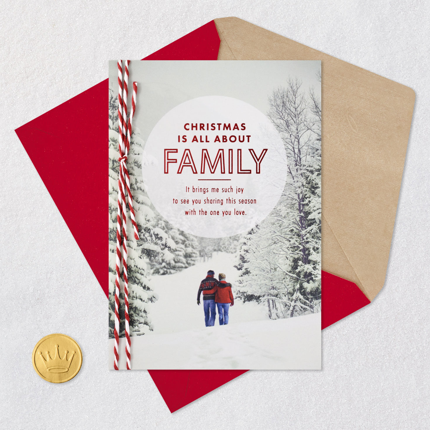 Couple in Snowy Woods Christmas Card for Brother and Partner Card Front with Envelope and Gold Seal image number 6